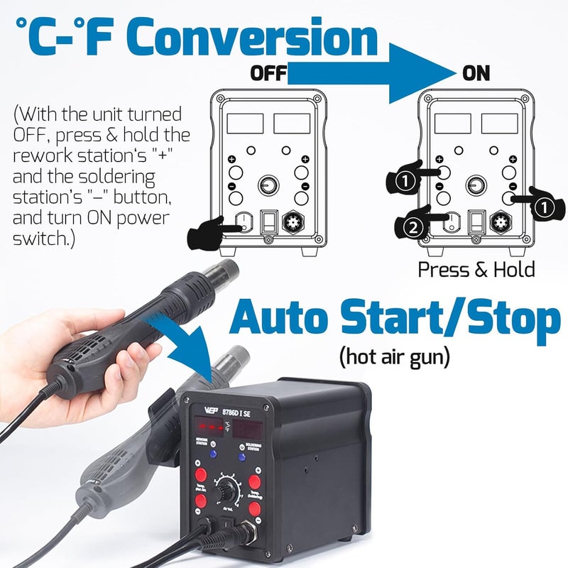 WeP 8786D-I SE Hot Air Soldering Iron Station Kit 2-IN-1 for Rework, Desoldering with Lead-Free Solder Wire, 5 Soldering Tips, 3 Hot Air Nozzles,Tweezers, Desoldering Pump - Image 5